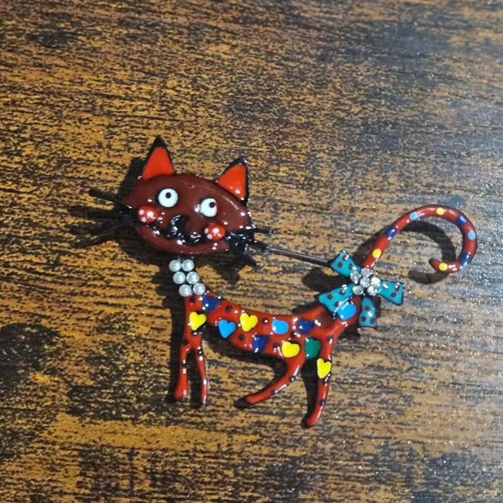 Fashion Jewelry Red Cat Brooch Multicolor Rhinestone Eclectic Grannycore NWT